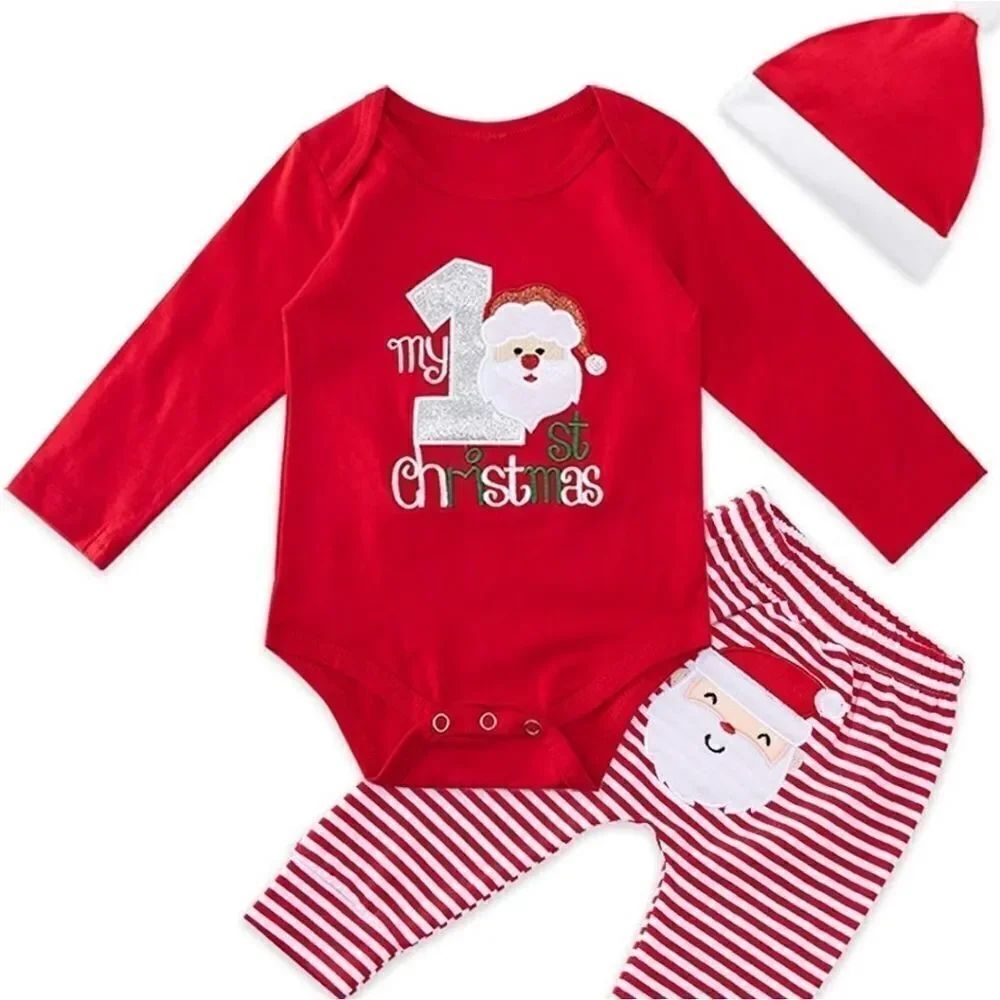 NWOT Infant 0-6 Month My First Christmas 3-Piece Romper Pants Holiday Ha…